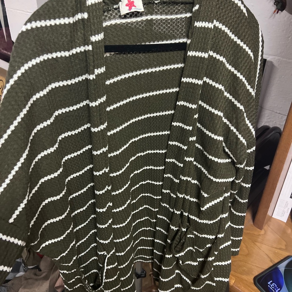 Striped Olive & White Open Front Women’s Sweater Cardigan